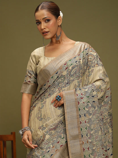 Beige Block Print Satin Silk Digital Print Saree