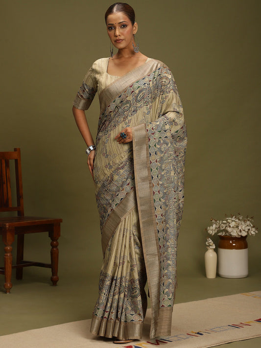 Grey Beige Block Print Satin Silk Digital Print Saree