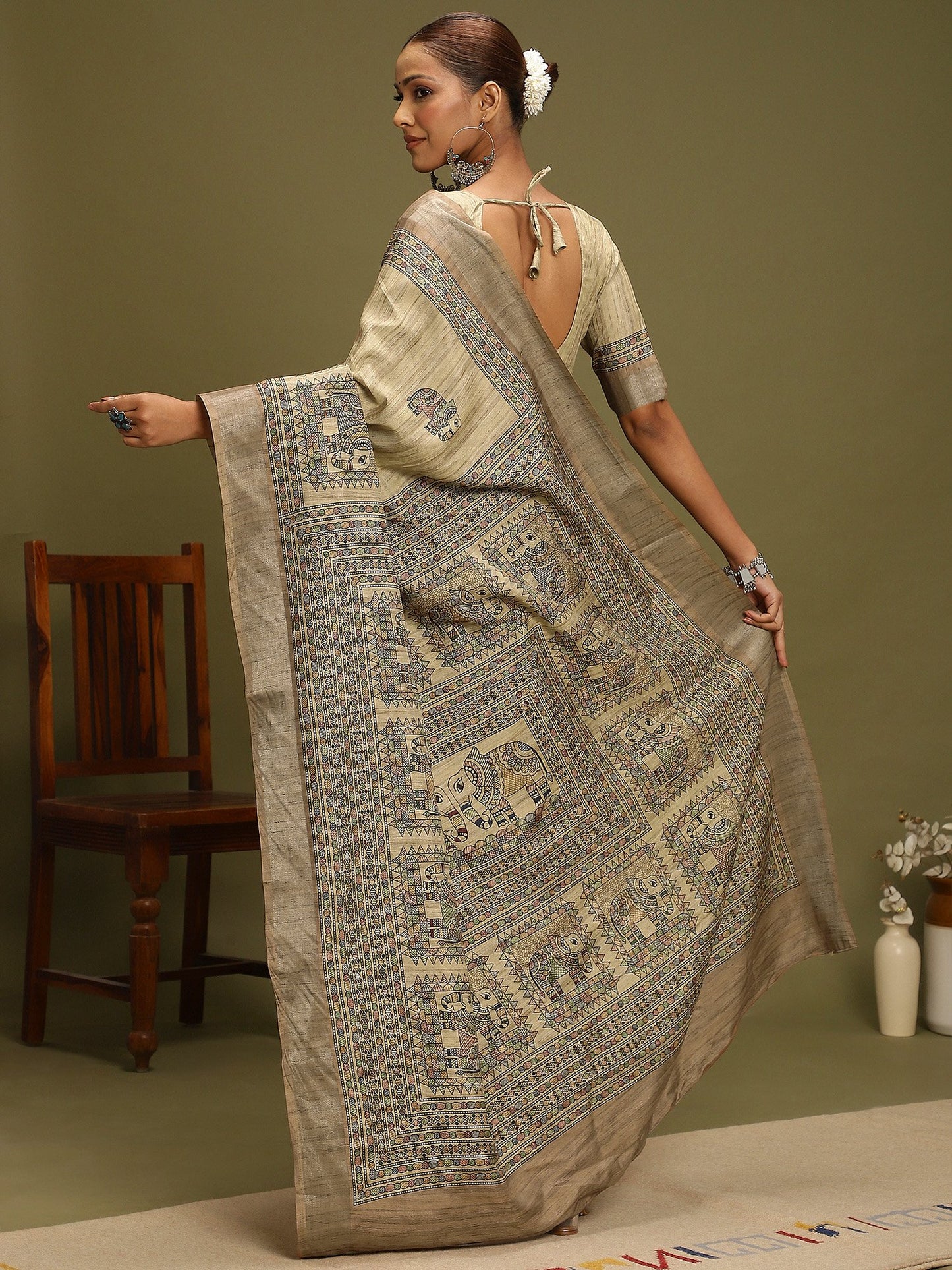 Beige Block Print Satin Silk Digital Print Saree