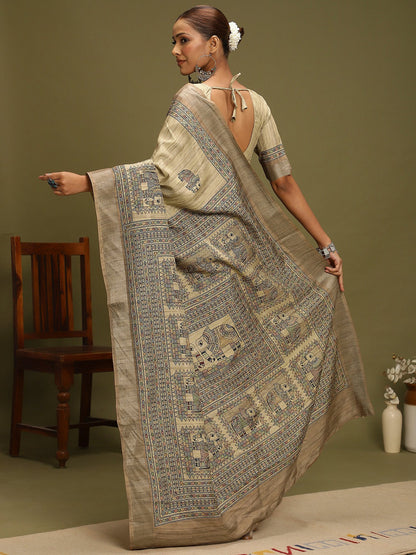 Beige Block Print Satin Silk Digital Print Saree