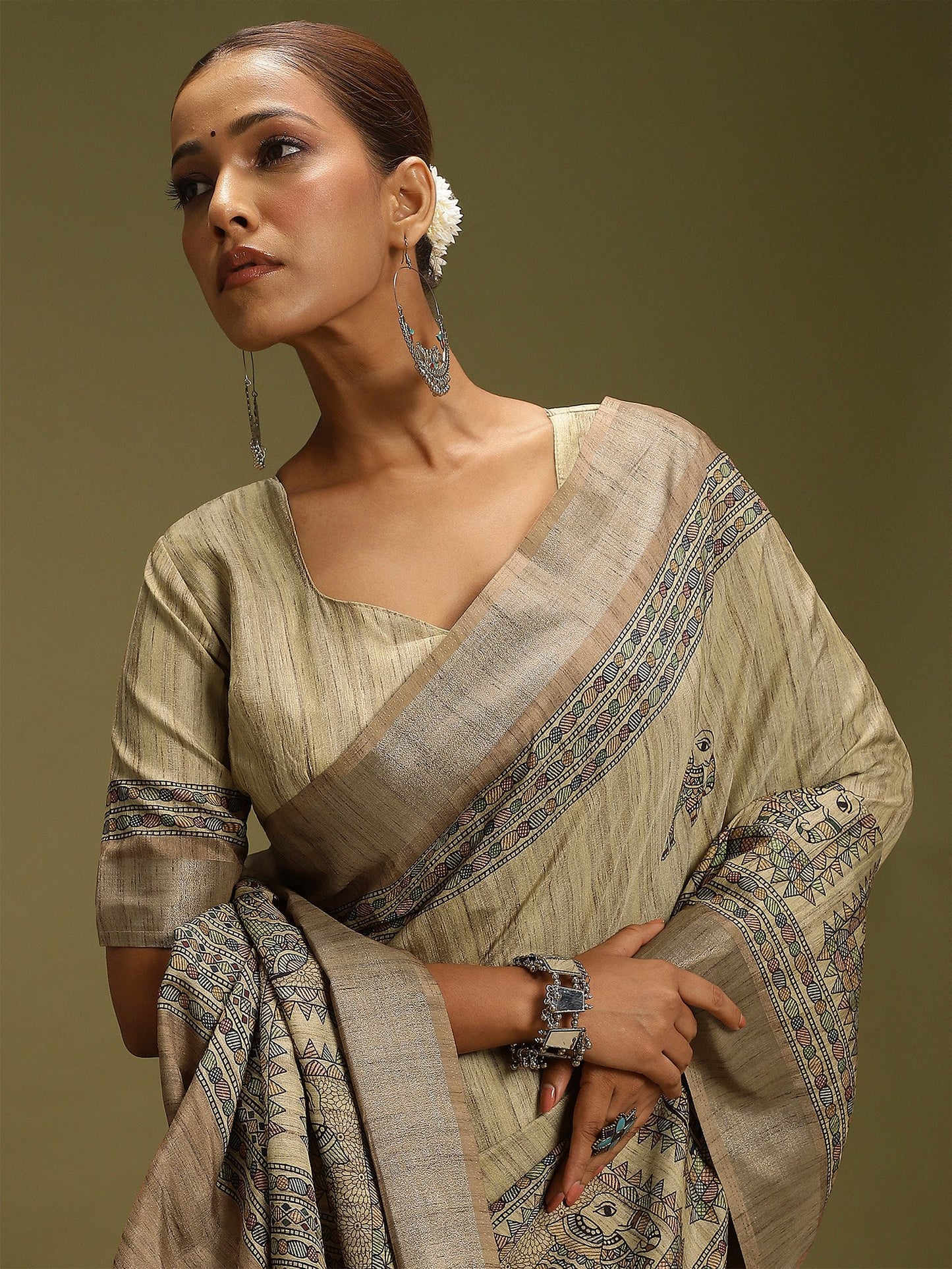 Beige Block Print Satin Silk Digital Print Saree