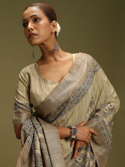 Beige Block Print Satin Silk Digital Print Saree