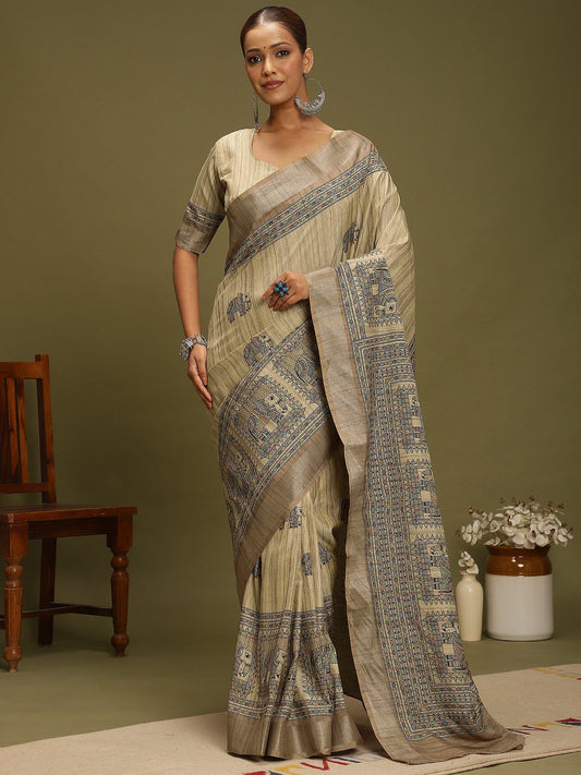 Grey Beige Block Print Satin Silk Digital Print Saree