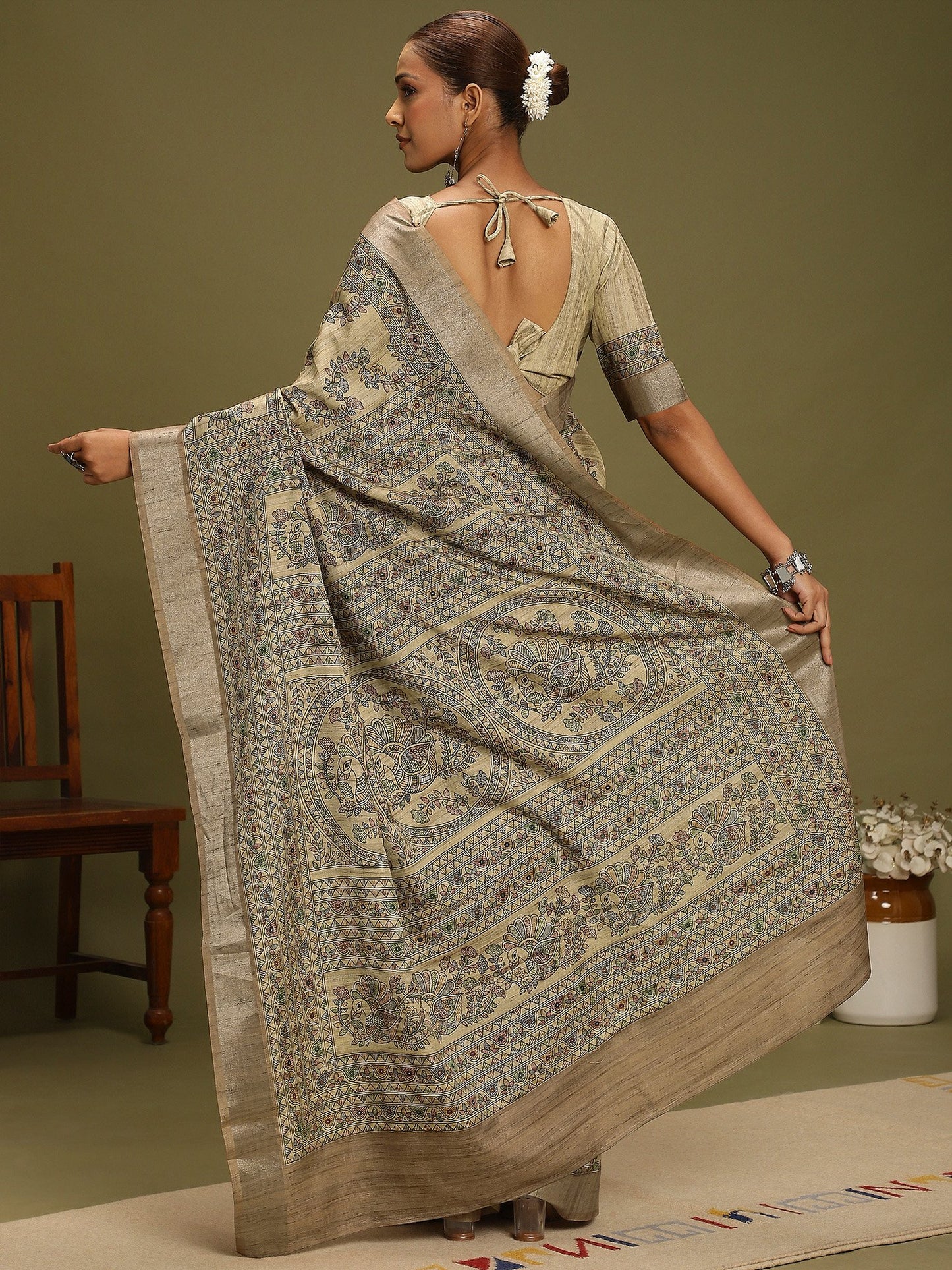 Beige Block Print Satin Silk Digital Print Saree