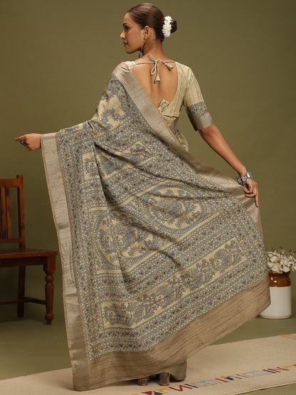 Beige Block Print Satin Silk Digital Print Saree