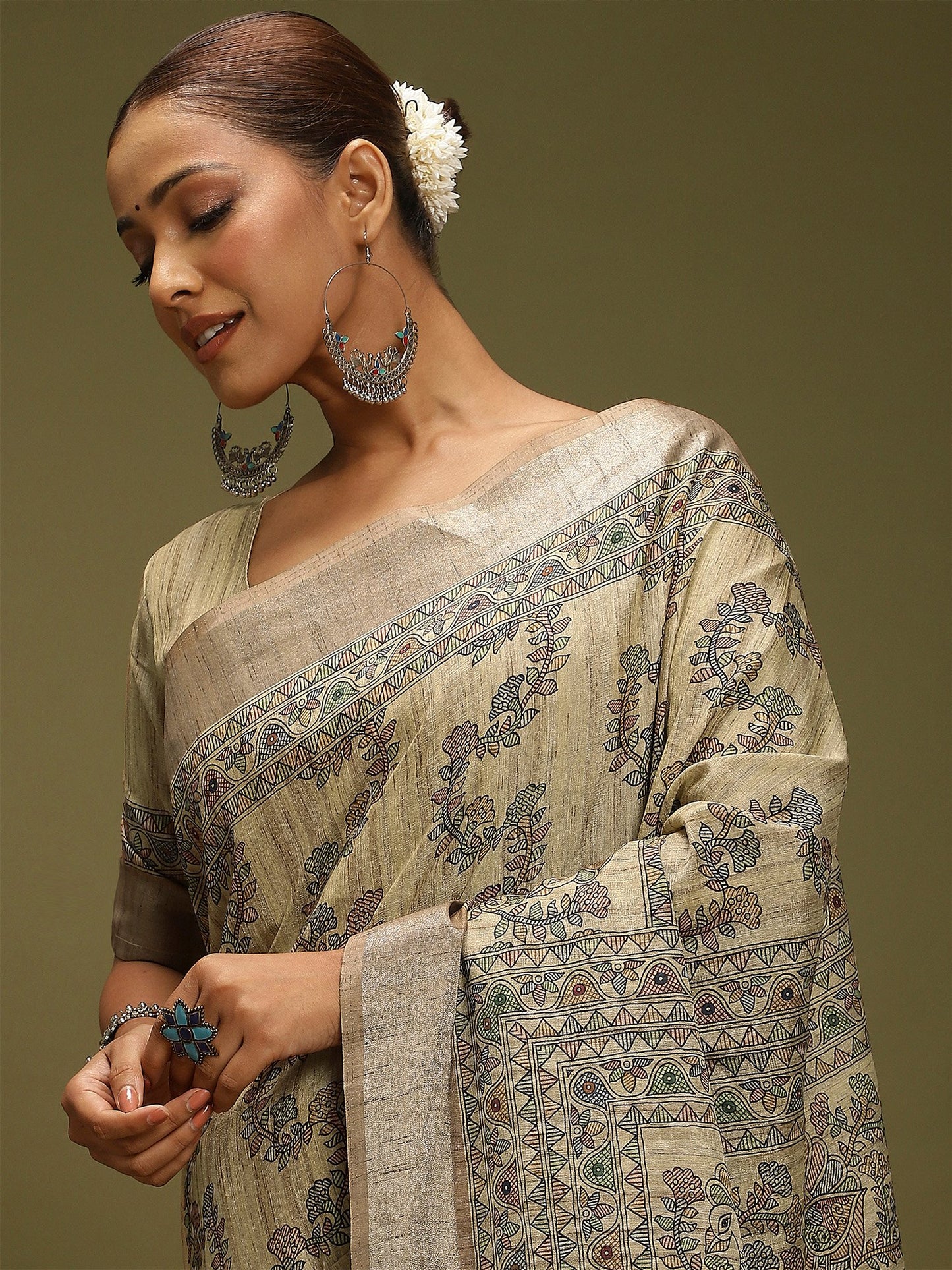 Beige Block Print Satin Silk Digital Print Saree
