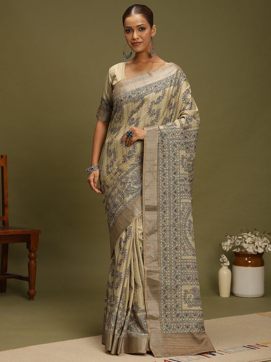 Grey Beige Block Print Satin Silk Digital Print Saree