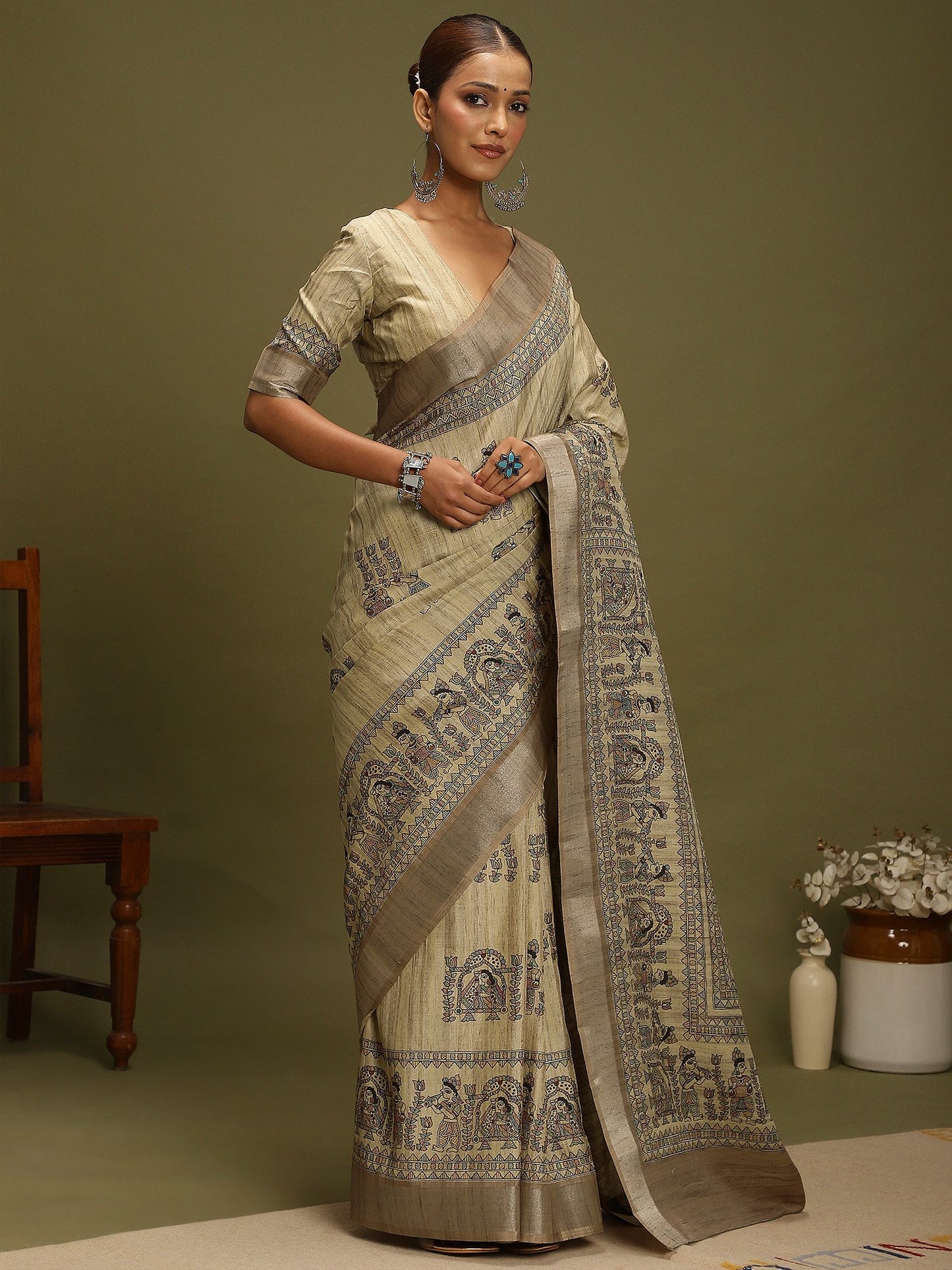 Beige Block Print Satin Silk Digital Print Saree