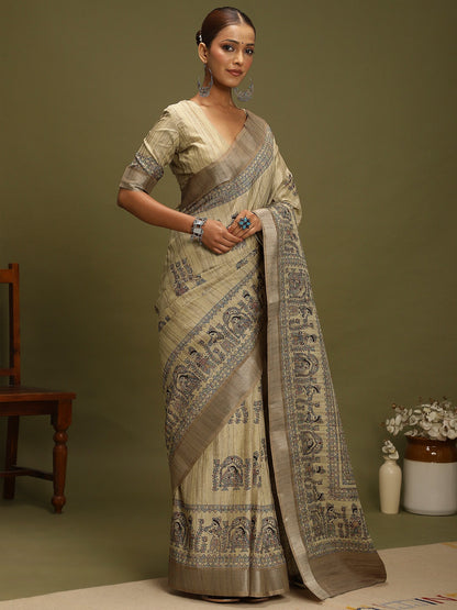 Beige Block Print Satin Silk Digital Print Saree