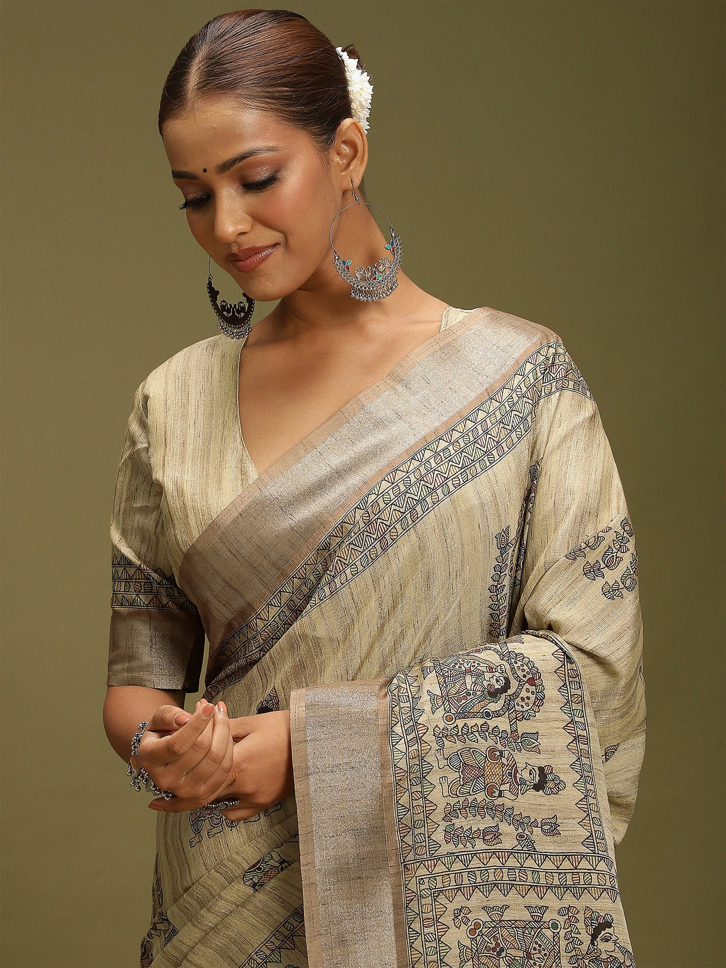Beige Block Print Satin Silk Digital Print Saree