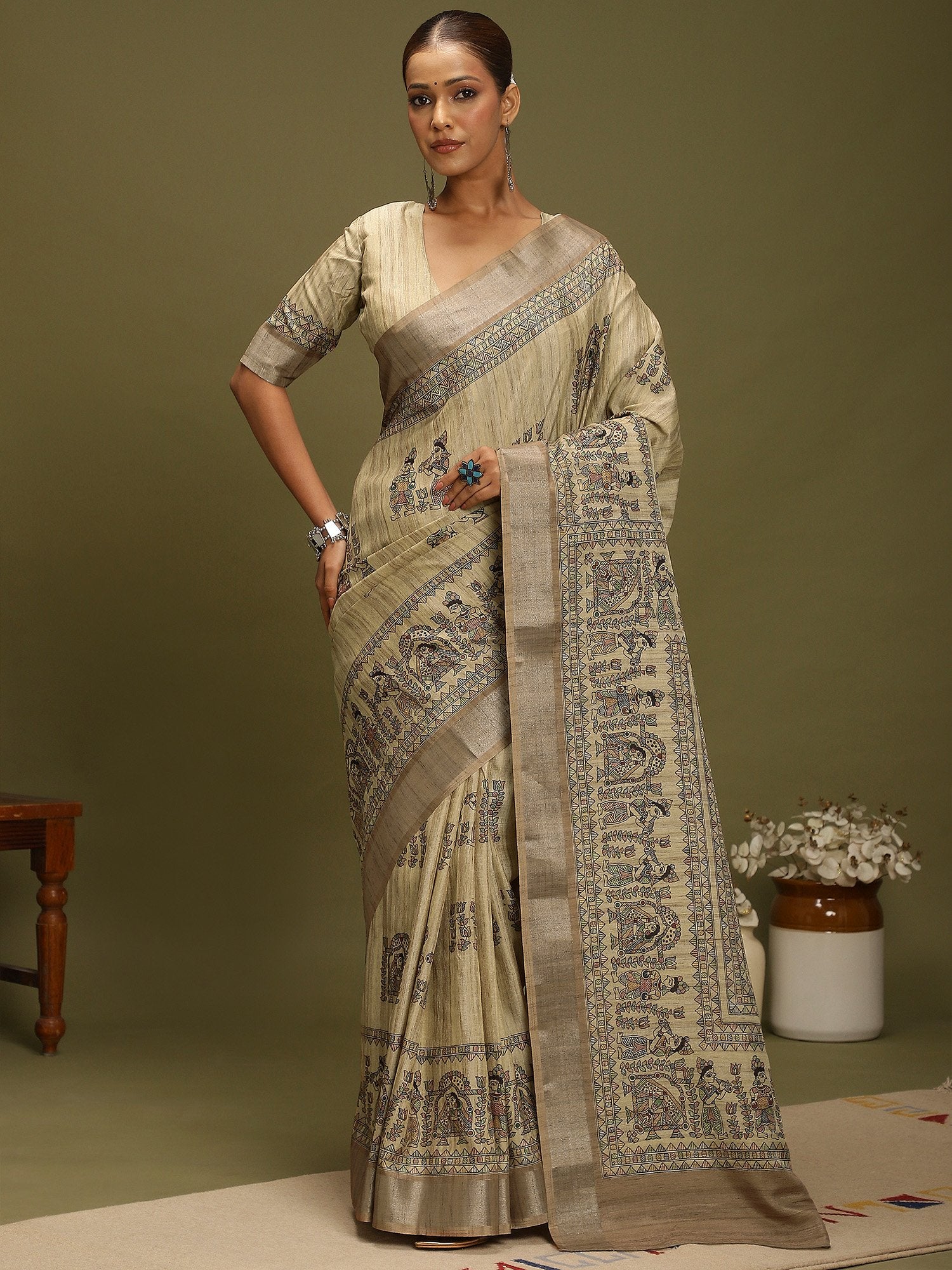 Grey Beige Block Print Satin Silk Digital Print Saree