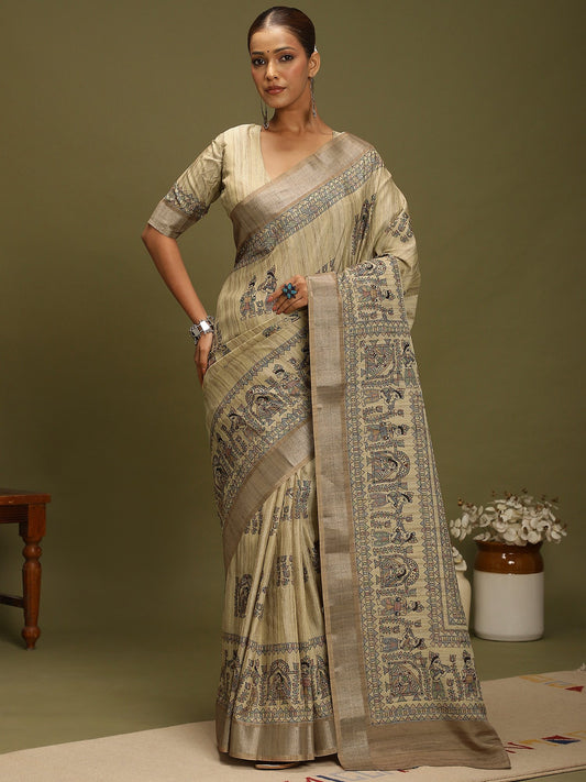 Grey Beige Block Print Satin Silk Digital Print Saree