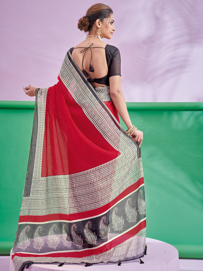Red Block Print Cotton Linen Printed Saree
