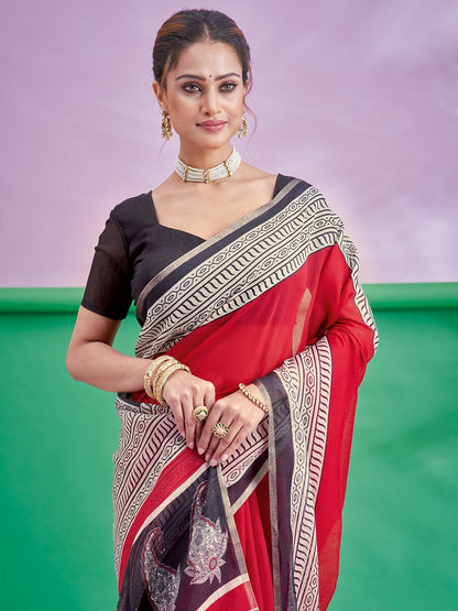 Red Block Print Cotton Linen Printed Saree