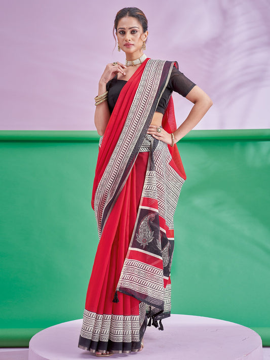 Red Red Block Print Cotton Linen Printed Saree