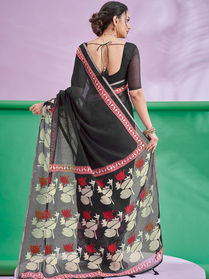 Black Block Print Cotton Linen Printed Saree
