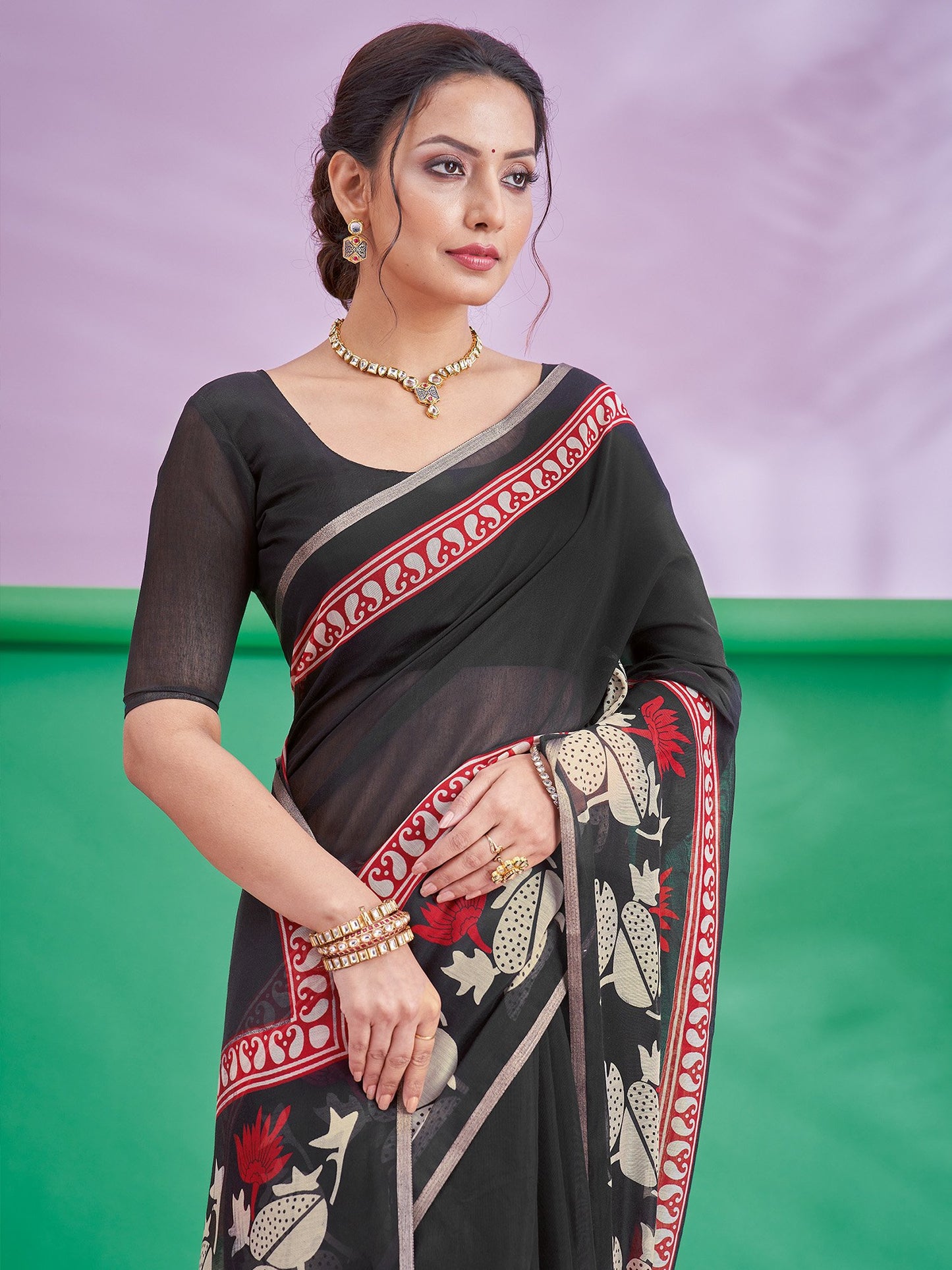 Black Block Print Cotton Linen Printed Saree