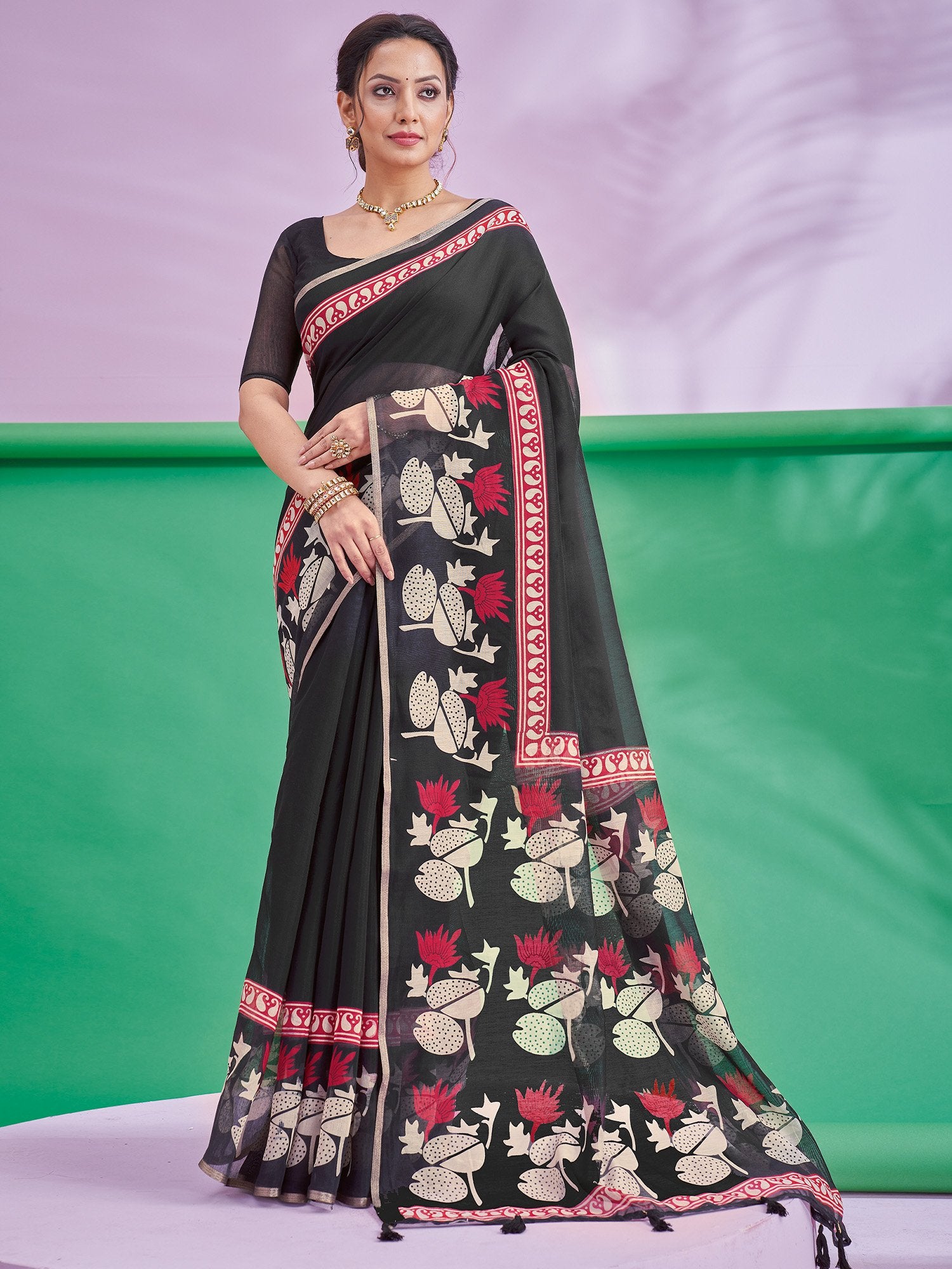 Black Black Block Print Cotton Linen Printed Saree