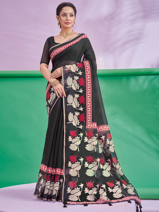 Black Black Block Print Cotton Linen Printed Saree