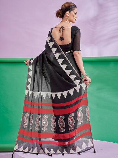Black Block Print Cotton Linen Printed Saree
