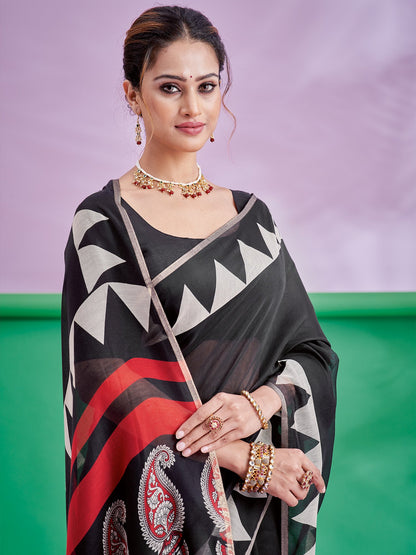 Black Block Print Cotton Linen Printed Saree