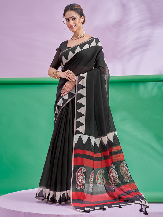 Black Black Block Print Cotton Linen Printed Saree