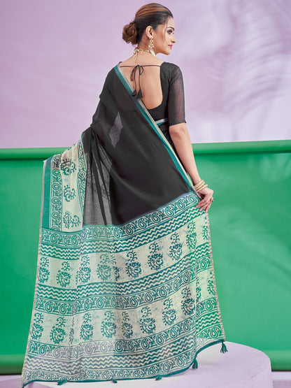 Black Block Print Cotton Linen Printed Saree