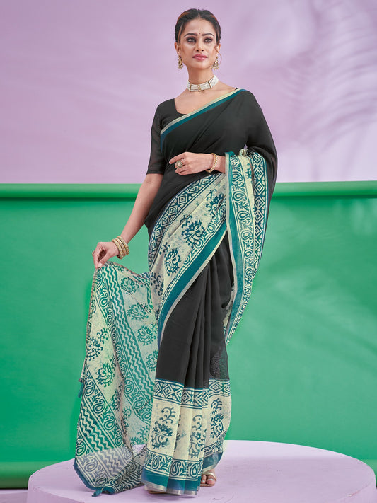Black Black Block Print Cotton Linen Printed Saree