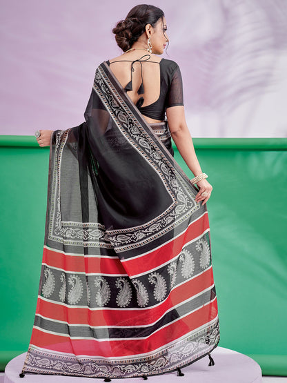 Black Block Print Cotton Linen Printed Saree