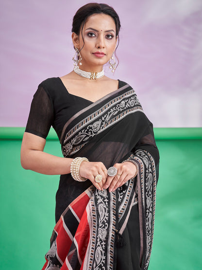 Black Block Print Cotton Linen Printed Saree