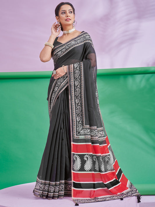 Black Black Block Print Cotton Linen Printed Saree
