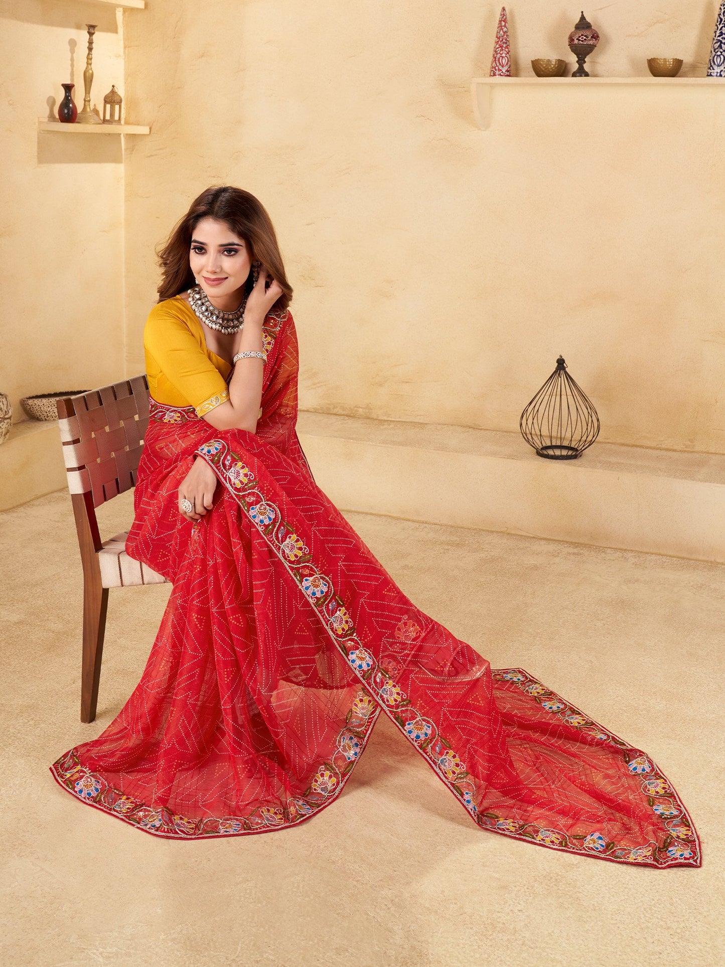 Red Bandhani Chiffon Embellished Saree