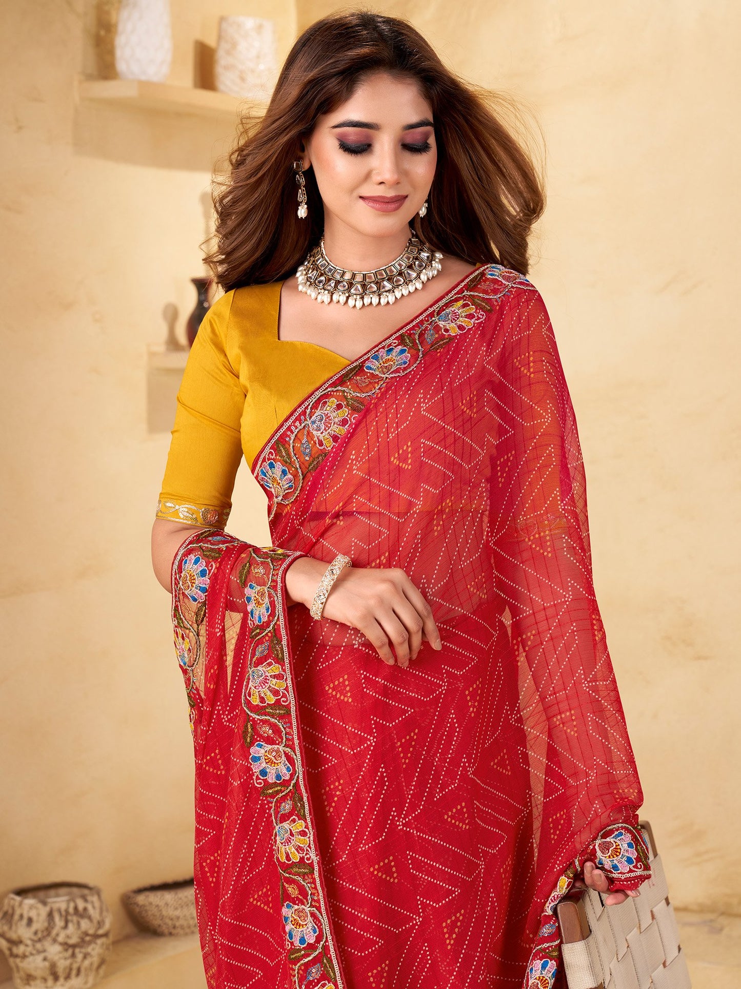 Red Bandhani Chiffon Embellished Saree