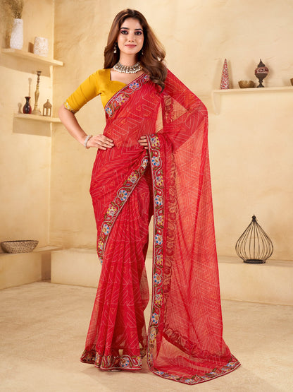 Red Red Bandhani Chiffon Embellished Saree