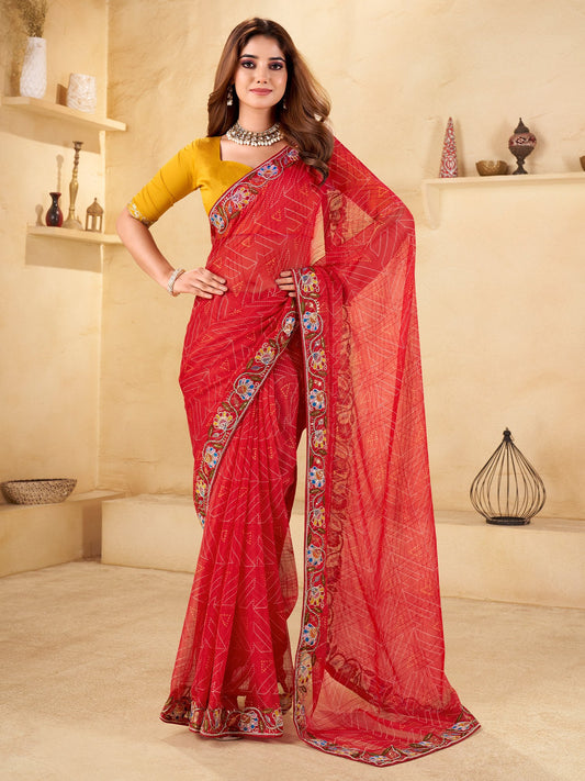 Red Red Bandhani Chiffon Embellished Saree