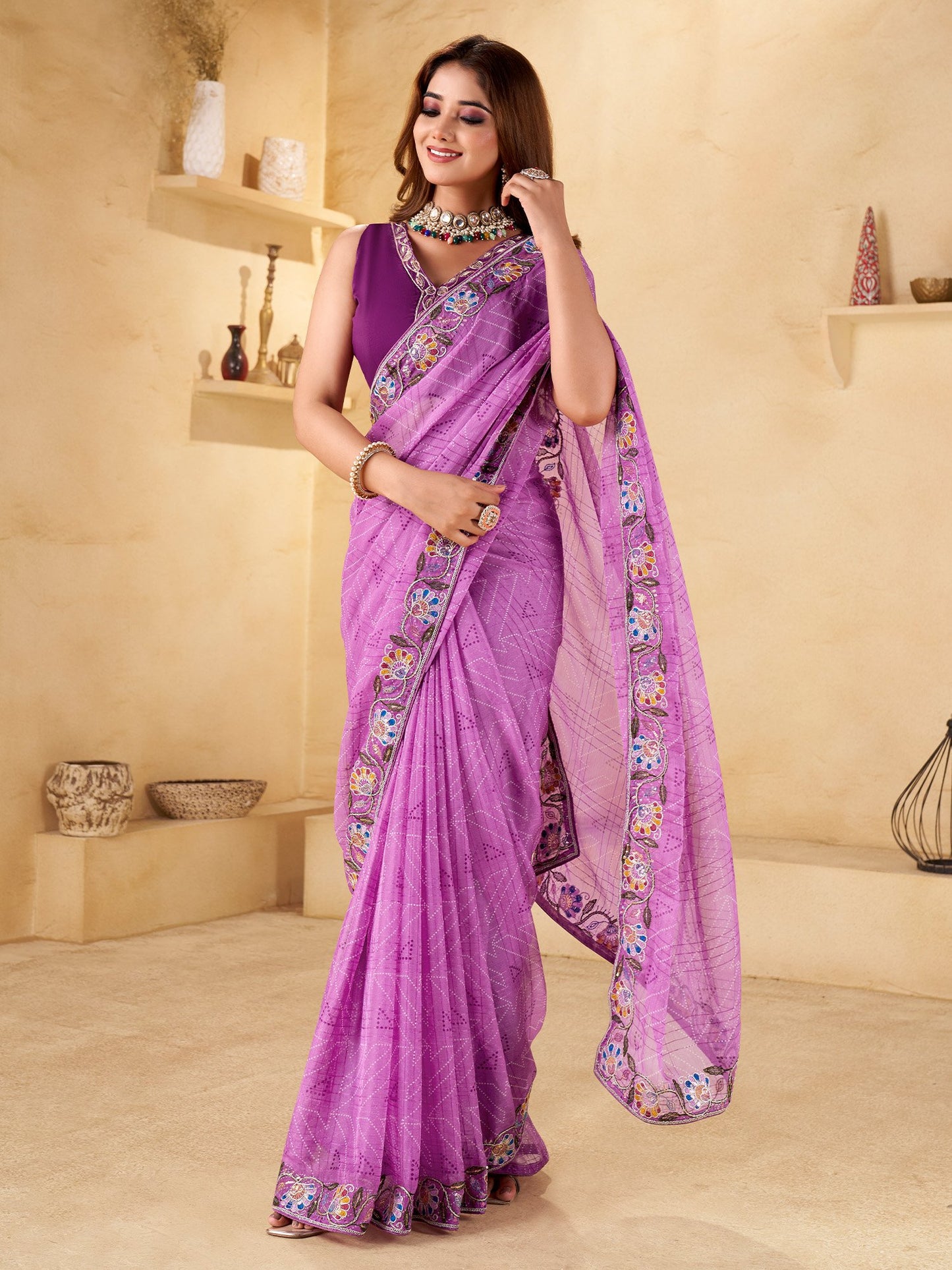 Purple Purple Bandhani Chiffon Embellished Saree