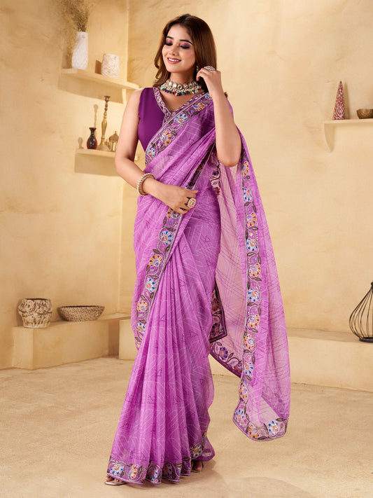 Purple Purple Bandhani Chiffon Embellished Saree