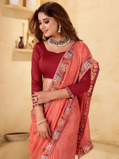 Peach Bandhani Chiffon Embellished Saree