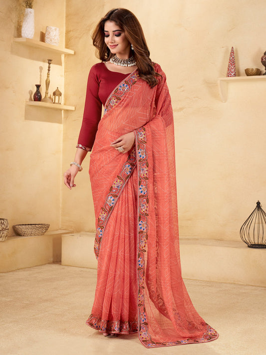 Peach Peach Bandhani Chiffon Embellished Saree