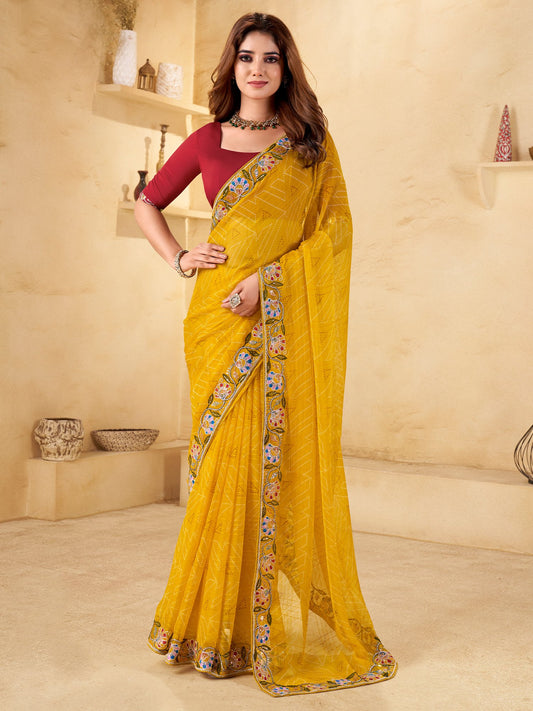 Yellow Yellow Bandhani Chiffon Embellished Saree
