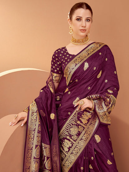 Purple Banarasi Satin Silk Woven Saree
