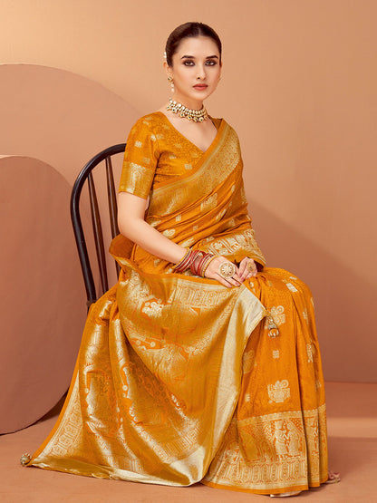 Mustard Banarasi Satin Silk Woven Saree