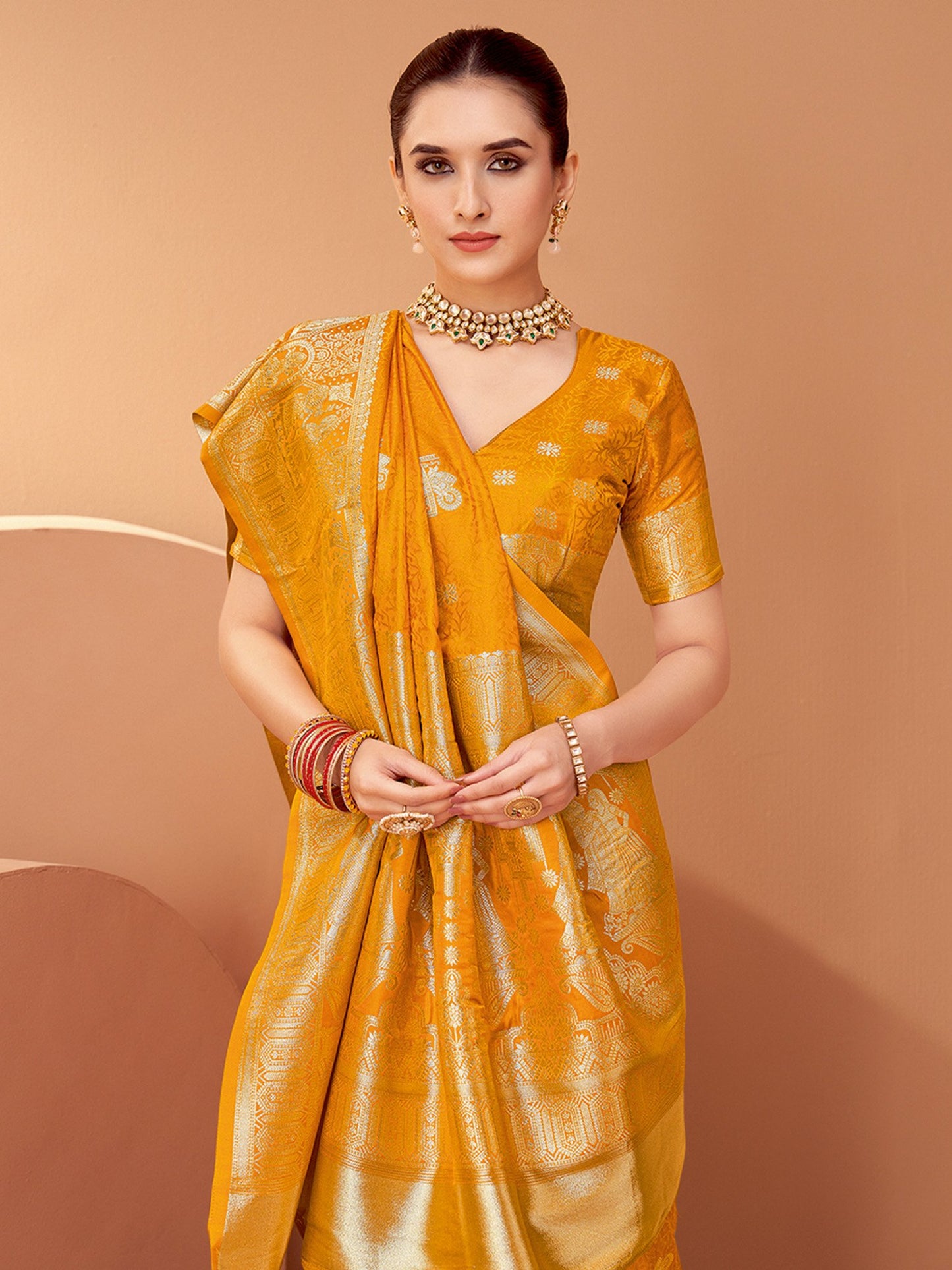 Mustard Banarasi Satin Silk Woven Saree