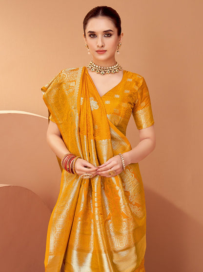 Mustard Banarasi Satin Silk Woven Saree
