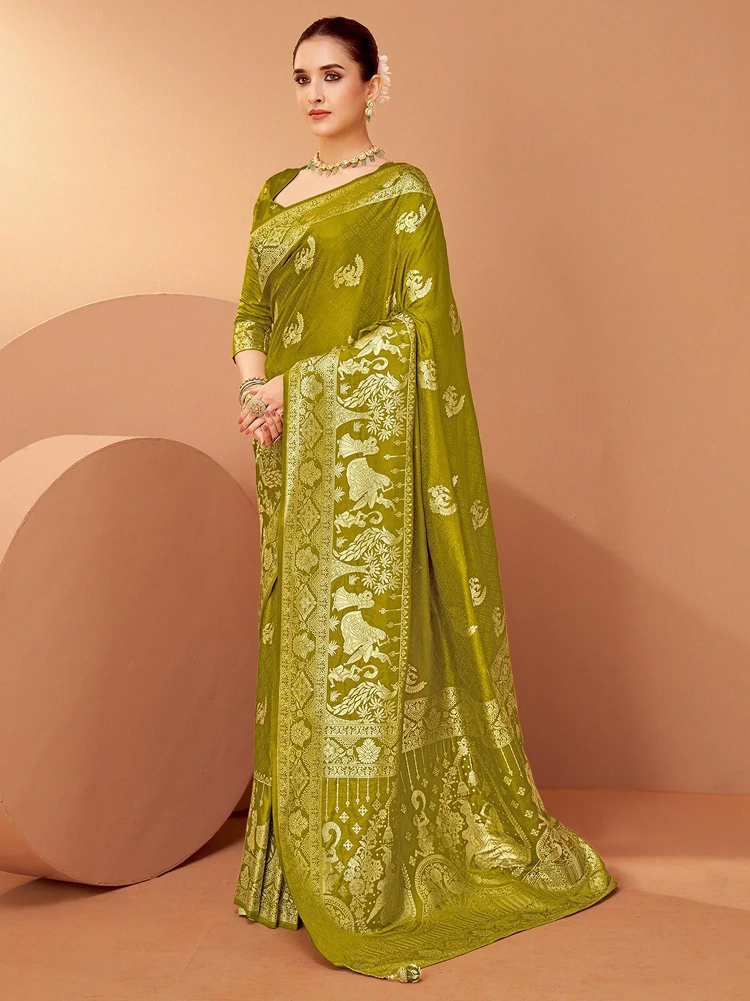 Olive Banarasi Satin Silk Woven Saree