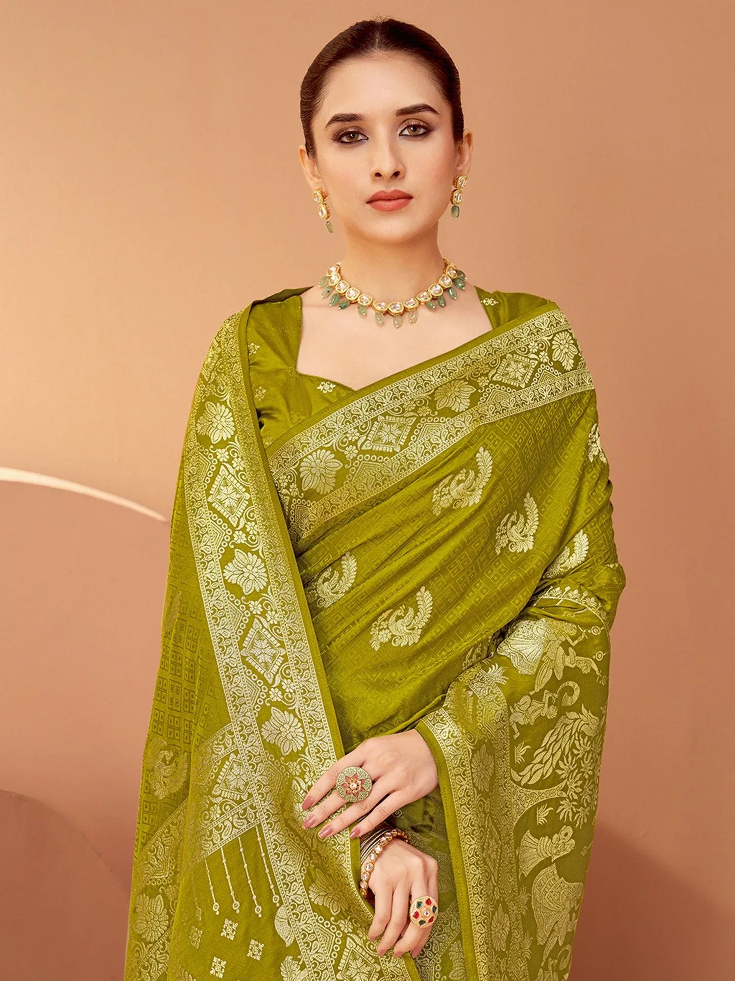 Olive Banarasi Satin Silk Woven Saree