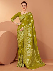 Green Olive Banarasi Satin Silk Woven Saree