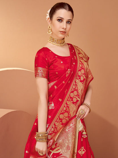 Red Banarasi Satin Silk Woven Saree