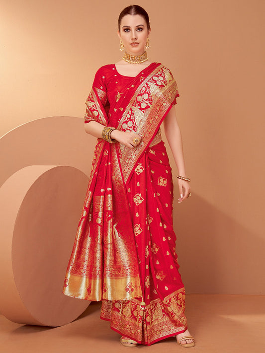 Red Red Banarasi Satin Silk Woven Saree