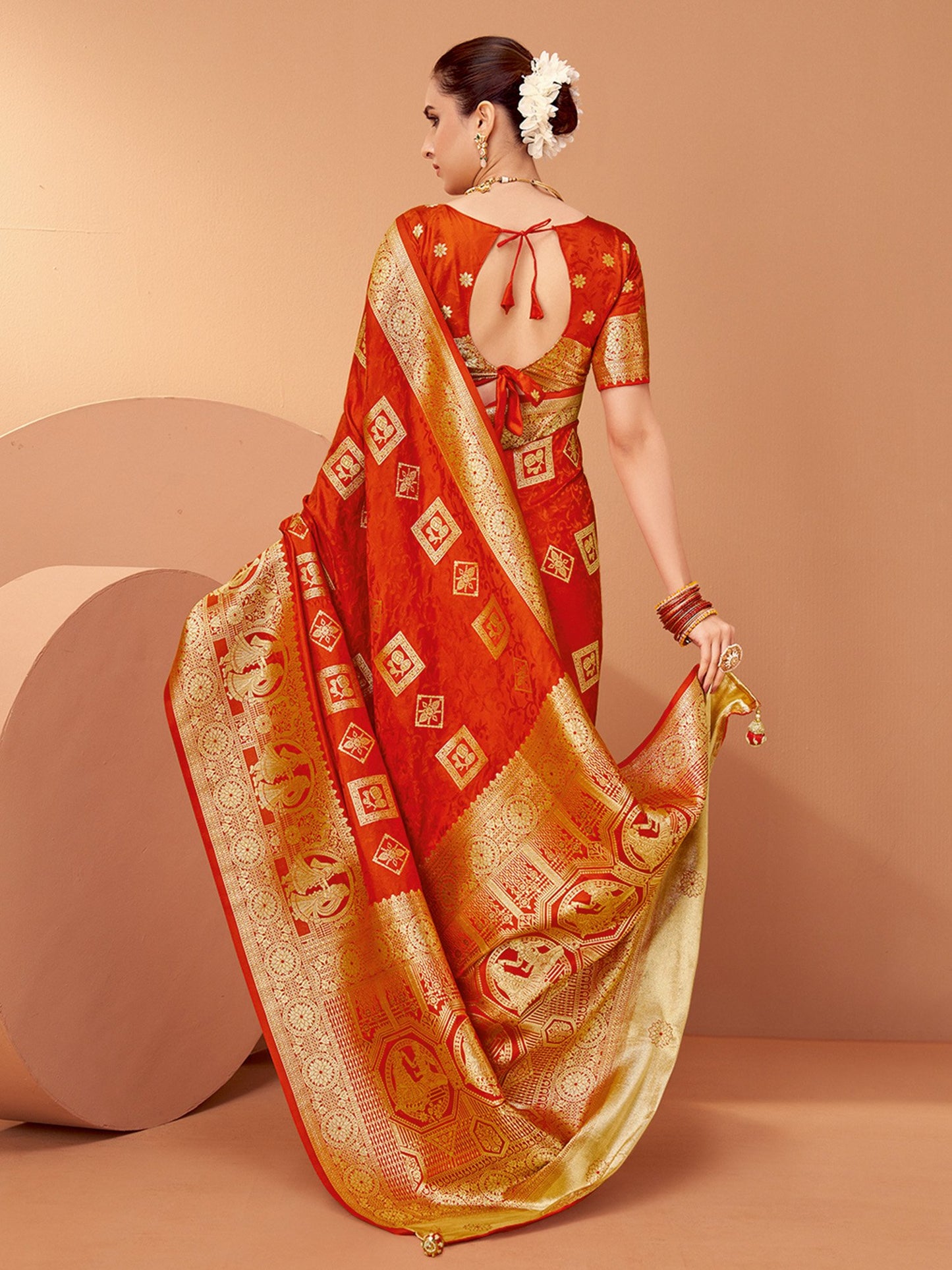 Orange Banarasi Satin Silk Woven Saree